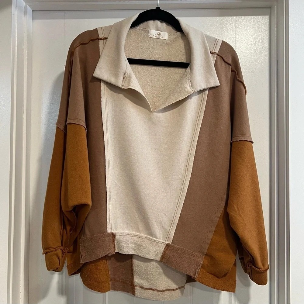 Sunland 17 Oversized Tan Brown Cream Contrast Patchwork Top. Size Small.‎